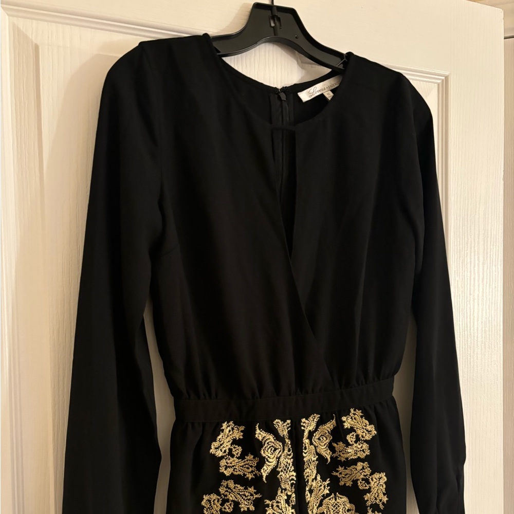 LOVERS + FRIENDS Long Sleeve Black Romper with Gold Brocade Details - Picture 8 of 13